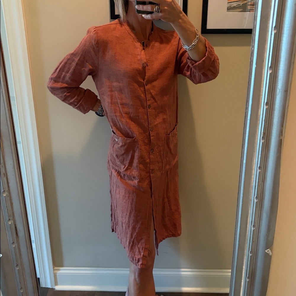 Terracotta Linen Dress Duster Eileen Fisher - Picture 4 of 10